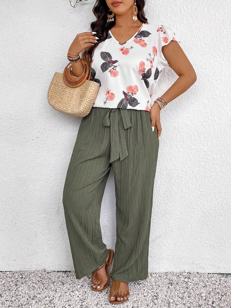 SHEIN Frenchy 2pcs/Set Women Plus Size Boho Print Top And Green Pants Set, Fashion New Style For Spring And Summer Going Out Sets