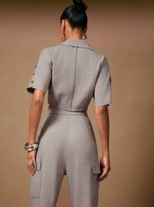 Hauture 夏季女装，女士短袖浅灰色短款西装上衣，带木质纽扣，女士夏季短款上衣，适合约会之夜、音乐会、演出、派对、俱乐部、音乐节 - 棕色 - 查看 5