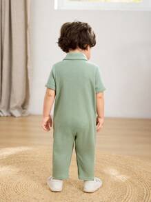 Cozy Pixies Baby Boy Simple Solid Knit Soft Casual Lapel Button-Front Long Sleeve Romper With Pants, Versatile For Summer