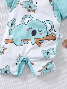 SHEIN Playful Pals 印有考拉图案的男女通用婴儿连体衣，适合新生儿在夏季穿着，考拉设计让宝宝看起来更可爱 - 彩色 - 查看 3