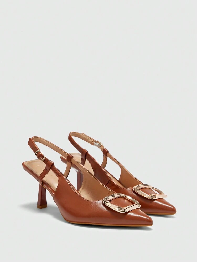 CUCCOO BIZCHIC Zapatos de tacón alto con punta fina para mujer, elegantes y de moda para uso diario con correa de tacón, color marrón café con hebilla de strass