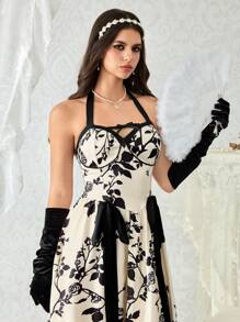 ROMWE Kawaii Retro Palace Style Rose Floral Printed Maxi Neck Dress For Tea Party Outfit