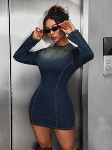 SHEIN ICON Women's Stand Collar Long Sleeve Fitted Short Denim Dress
