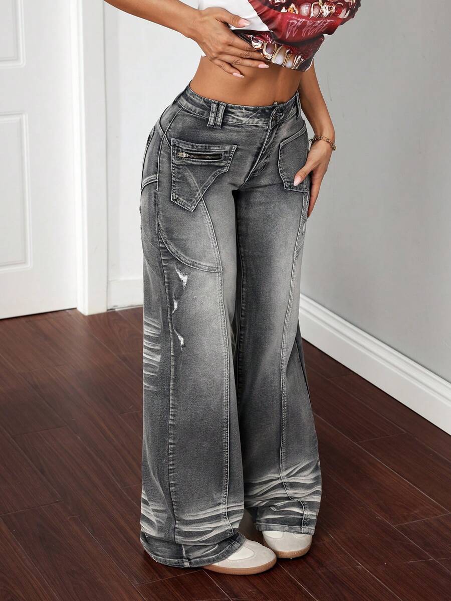 TrendSteals Women's Front Button Pocket Ripped Casual Denim Jeans - Light Grey - View 1