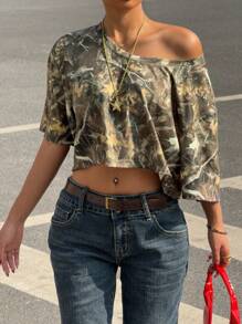 Muchica 女士迷彩印花针织短袖短款上衣