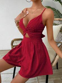 Breezaya Solid Color Twist Cutout Camisole Romper