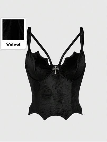 Goth Top de terciopelo asimétrico cruzado con bajo asimétrico y ajuste sexy premium para mujeres