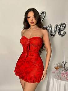 Firerie Women's Red Floral Pleated Strapless Backless Mini Dress, Valentine's Day/Concert/Performance Costume