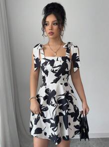 Elenzga Women's Floral Print Spaghetti Strap Short Elegant Dress