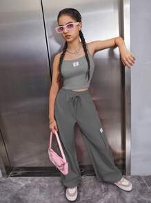 SHEIN Teen Girls' Solid Color Sports Sleeveless Top And Leggings Set - Grey - View 3