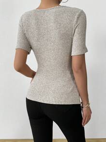 Calvaya Vintage Asymmetric Frill Collar Ruched Slim Fit Ribbed Short Sleeve T-Shirt
