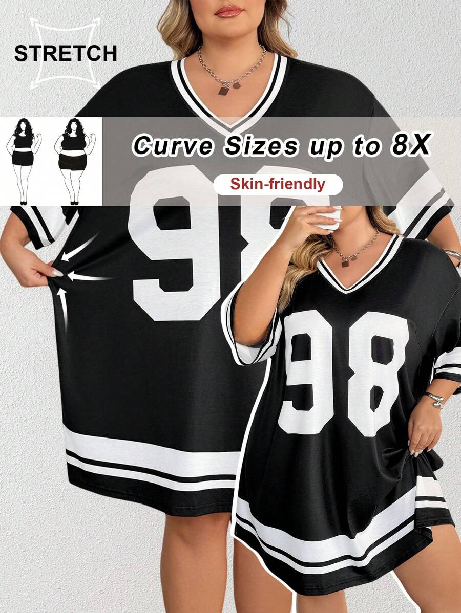 SHEIN CURVE+ Plus Size Summer Letter Print T-Shirt Dress, Sports/Event Outfit