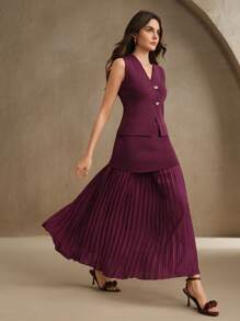 Anewsta Conjunto de chaleco de punto monobotonado y falda midi de punto plisada de unicolor para mujeres, vintage elegante para uso diario en la oficina