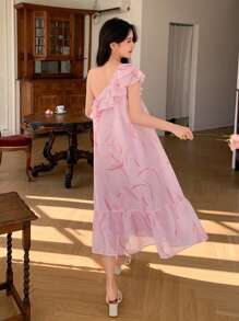 DAZY Floral Ruffled Asymmetric Neck Midi Dress For Women Sundress,Casual Women Dresses - Pink - View 2