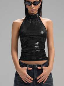 LYSMO Women's Sequin Halter Tank Top- Spring/Summer Vacation-2025New Arrival - Black - View 3