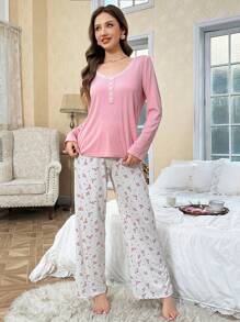 CottageSlumber Lace Patchwork Collar Decor Button Down Romantic Ditsy Floral Pajama Set For Girls