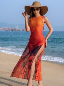 SHEIN Swim Damska narzutka z nadrukiem liści ombre maxi z rozcięciem z boku i sznurkiem, regulowana na plażę i wakacje