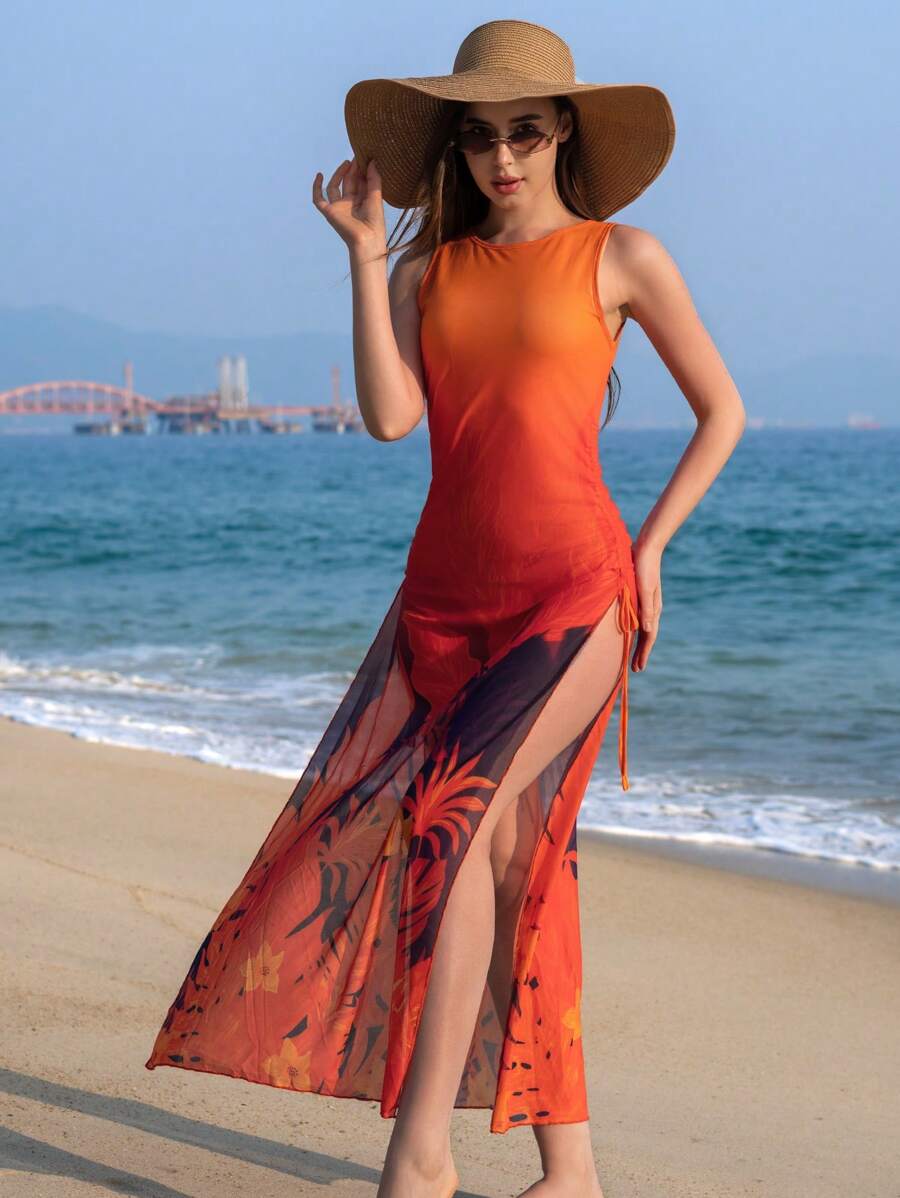 SHEIN Swim Damska narzutka z nadrukiem liści ombre maxi z rozcięciem z boku i sznurkiem, regulowana na plażę i wakacje