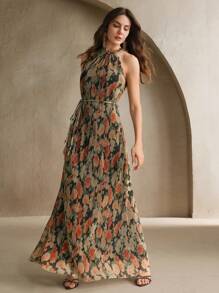 Anewsta Women's Sleeveless Cinched Waist Floral Print Mesh Dress, Elegant For Vacation, Party, Date Night, Valentine's Day, Summer Beach Floral Long Dress Formal Earth Tone Dress Long Dress Summer Long Spring Dress Long Dress Casual