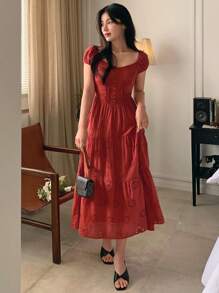 DAZY Women's Lace Puff Sleeve Waist Midi Dress Sundress - Red - View 2