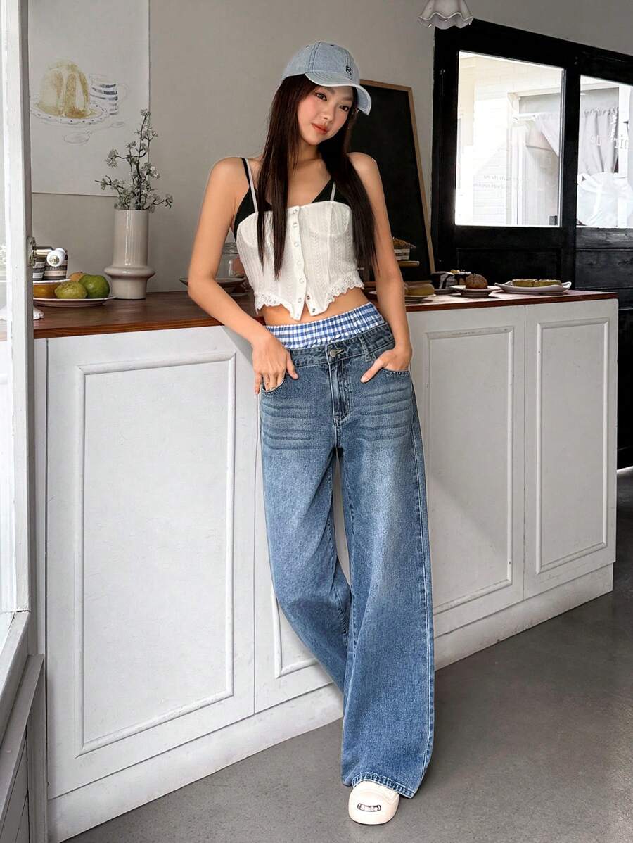 SHEIN EZwear Jeans droits amples pour femmes avec design 2 en 1, jeans boyfriend style K-pop pour femmes, streetwear pour femmes, rave, bleu - Jean bleu - Voir 1