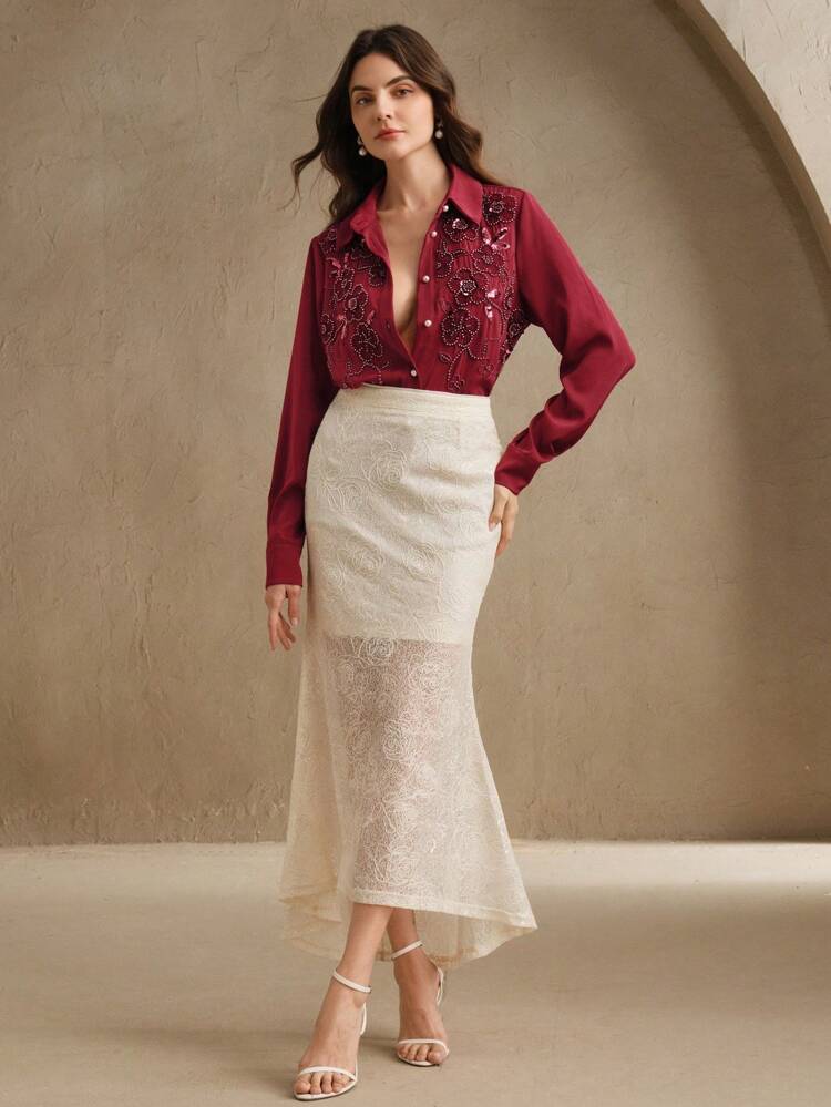Camisa Casual Feminina com Bordado e Contas de Manga Longa Nova