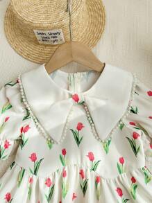 LMoss Kids Vestido ajustado con cuello de volantes, mangas abullonadas y parches florales tejidos para niña joven de LMoss - Multicolor - Ver 6