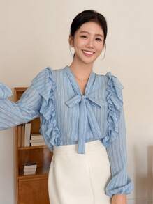 DAZY Bluzka damska w paski z dekoltem w serek i falbanką, jesienna odzież damska z długim rękawem