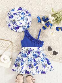 SHEIN Baby Girl Elegant Houndstooth Knit Sleeveless Ruffle Trim Dress With Hat, Cute Spring/Summer