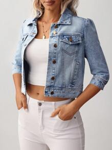 SHEIN Essnce Chaqueta de mezclilla corta casual y desgastada para mujer