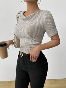 Calvaya Vintage Asymmetric Frill Collar Ruched Slim Fit Ribbed Short Sleeve T-Shirt