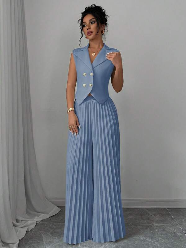 Elenzga Women's Solid Color Front Button Sleeveless Top And Long Pants Elegant Suit Set