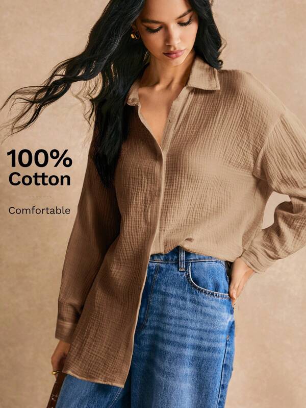 Poéselle 100% Cotton Drop Shoulder Solid Longline Shirt Summer Tops Vacation Clothes