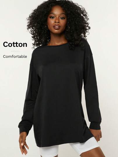 SHEIN BASICS Camiseta casual de manga comprida com ombros caídos e cor sólida