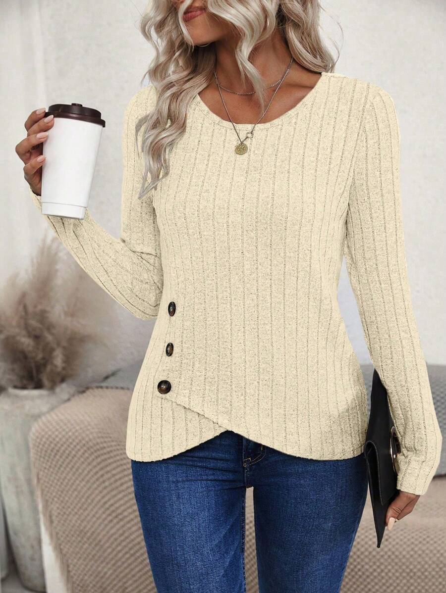EMERY ROSE Button Decoration Long Sleeve T-Shirt Fall Cloth For Women