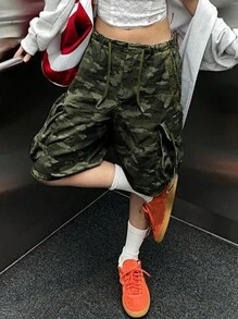 Women's Camouflage Drawstring Waist Cropped Jeans - Women's Summer Clothing - Army Green - View 5