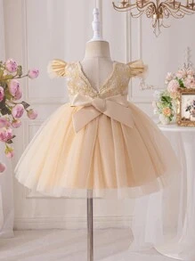 Glamorique Kids Baby Girl Elegant Lace Contrast Mesh Tulle Dress - Champagne - View 2