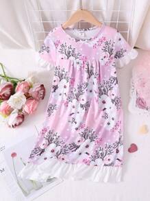 Girls' Simple Floral Pattern Ruffle Sleeve & Hem Nightgown Loungewear - Multicolor - View 1