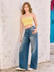 Skyraze Plaid Design Women Cami Tank Top, Casual Tank Top For Vacation/Leisure