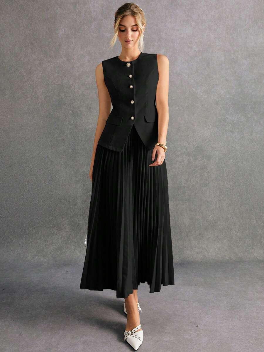 Poéselle 2pcs/Set Women Front Button Sleeveless Minimalist Blouse And Mini Skirt Suit In Fall/Winter - Black - View 1