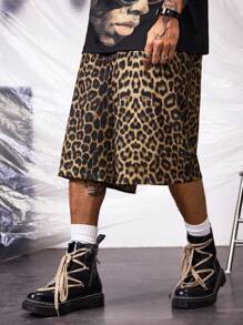 AXEPEAK Shorts tipo bermuda sueltos y rectos de hombre con estampado digital de leopardo, adecuados para el verano, con estilo streetwear