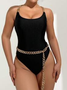 SHEIN Swim 1 pièce Maillot de bain une pièce pour femmes, sexy, à fines bretelles croisées, taille haute, couleur unie (chaîne de taille non incluse), pour les vacances d'été à la plage
