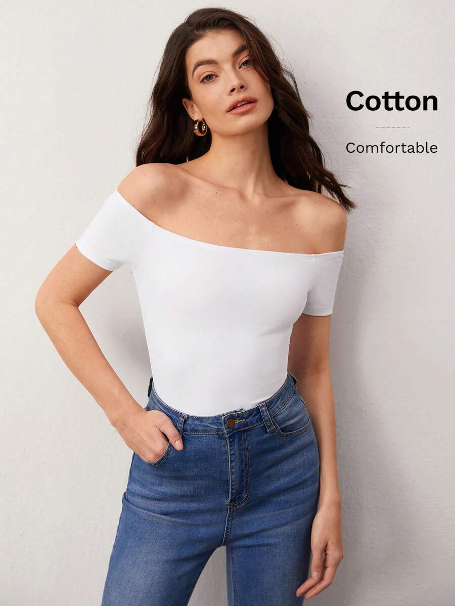 SHEIN BASICS Off Shoulder Solid Short Sleeves Casual Tee - White - View 1