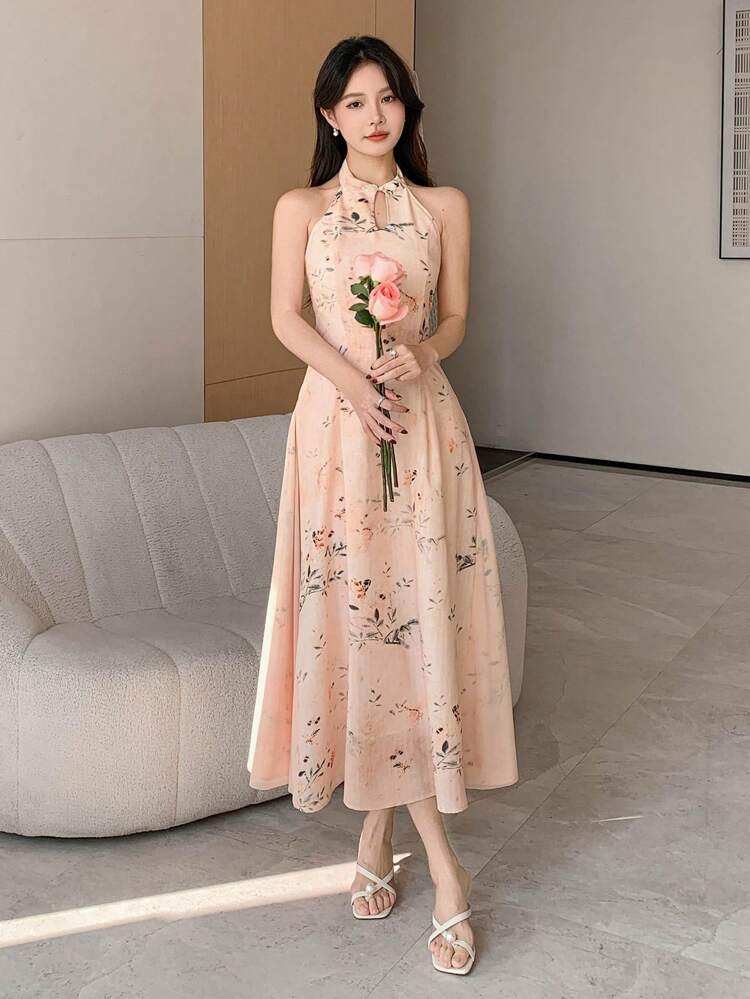 All-Over Floral Print Stand Collar Hang Neck Mid-Long Qipao Dress For Women Sundress
