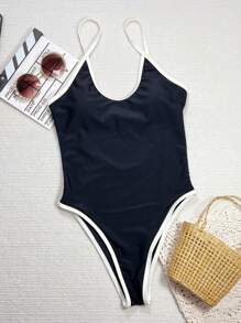 SHEIN Swim 1 bộ đồ bơi liền thân hở lưng khoét sâu dành cho nữ, đi nghỉ ở bãi biển - Đen và trắng - Xem 4