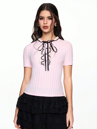 Kawaii Women's Sweet Heart Cute Textured Fabric Ribbon Bow T-Shirt