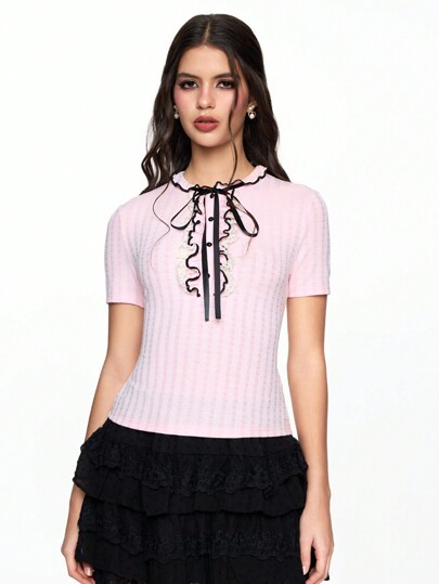 Kawaii Women's Sweet Heart Cute Textured Fabric Ribbon Bow T-Shirt