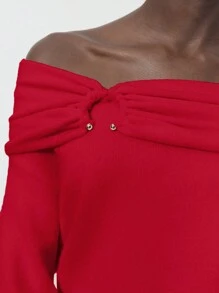 Maija 女士纯色褶皱露肩长袖毛衣，秋冬 - 紅色 - 查看 3