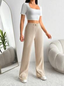 RueChic Beige Rib Knit Wide Leg Pants Simple Fashion Daily Casual - Beige - View 1