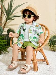 SHEIN 2pcs Set Baby Boy/Girl Casual Daily Cute Allover Print Coconut Tree & Animal Pattern Drop Shoulder Loose Fit Round Neck Top Shirt And Elastic Waist Shorts Set, Suitable For Spring/Summer, Home, Outing, Vacation, Beach